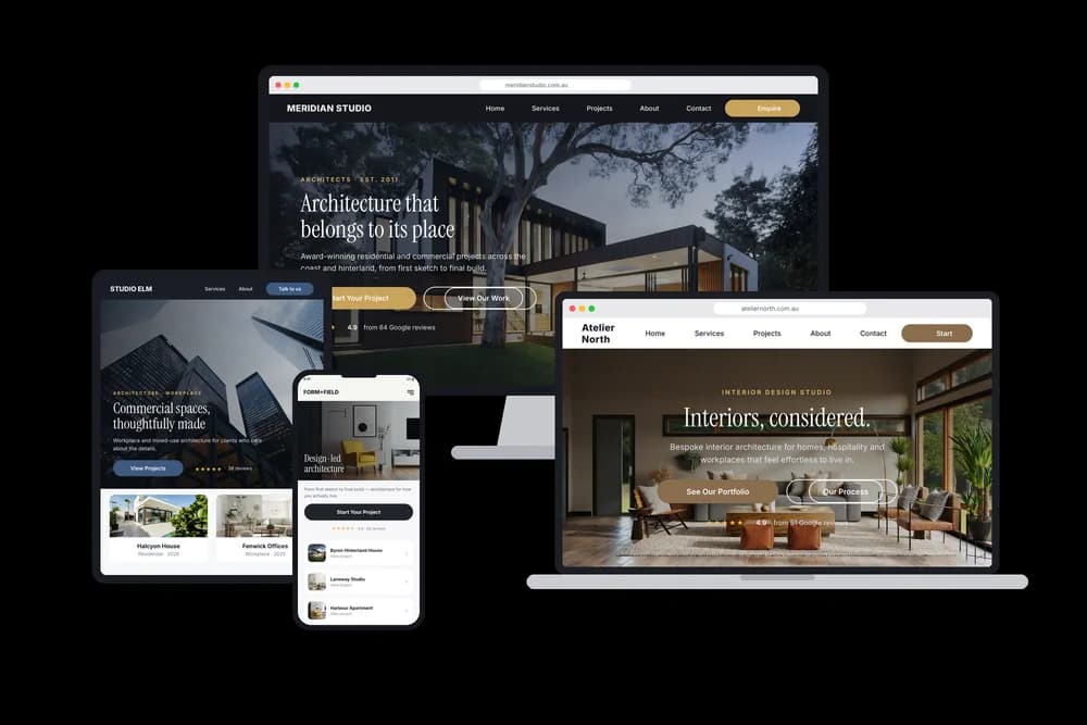 An architecture and design studio website shown across desktop and mobile devices
