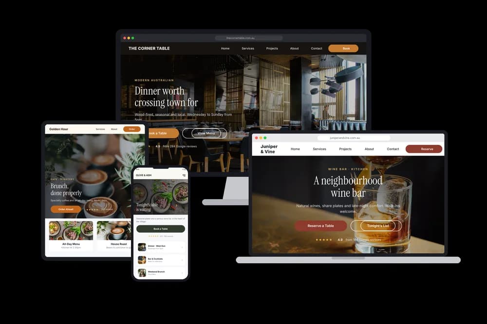 A cafe and restaurant website design shown across desktop and mobile devices