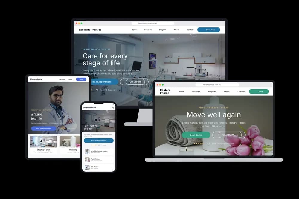 A medical practice website design shown across desktop and mobile devices