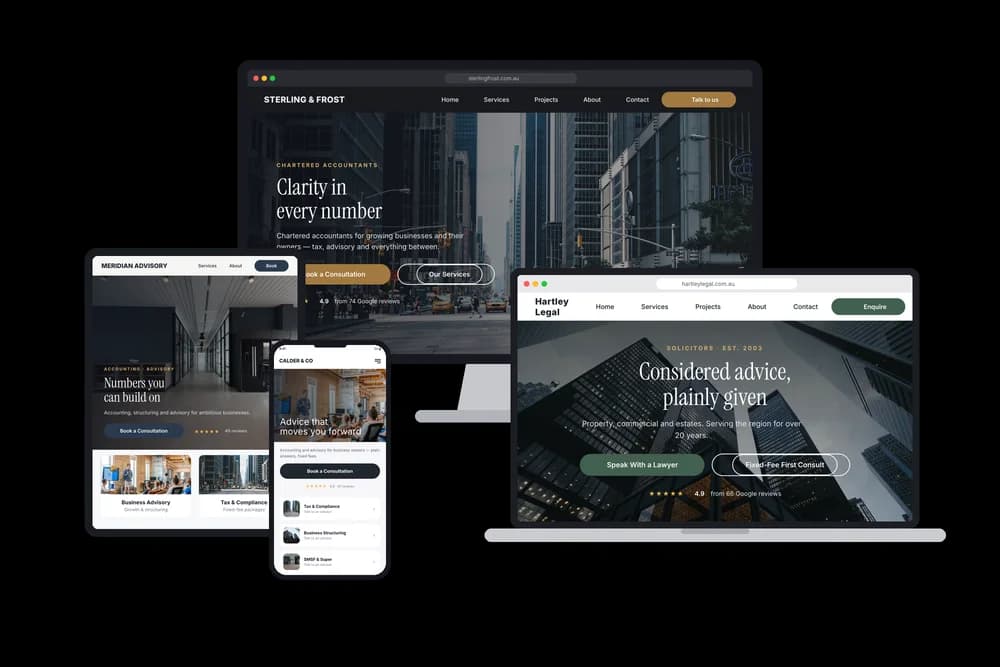 A professional services website design shown across desktop and mobile devices