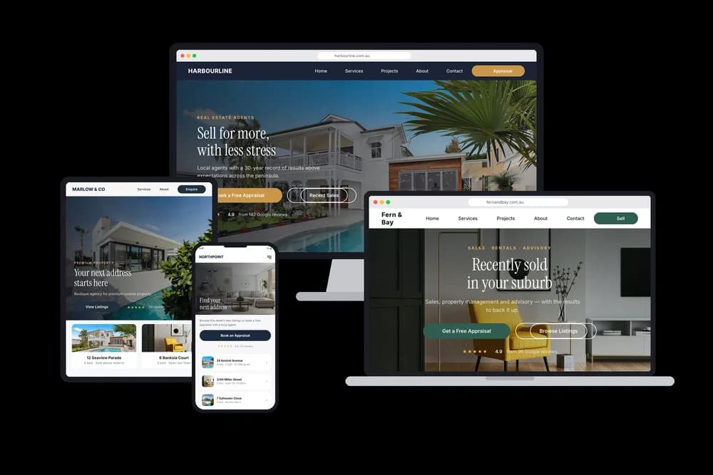 A real estate agency website design shown across desktop and mobile devices