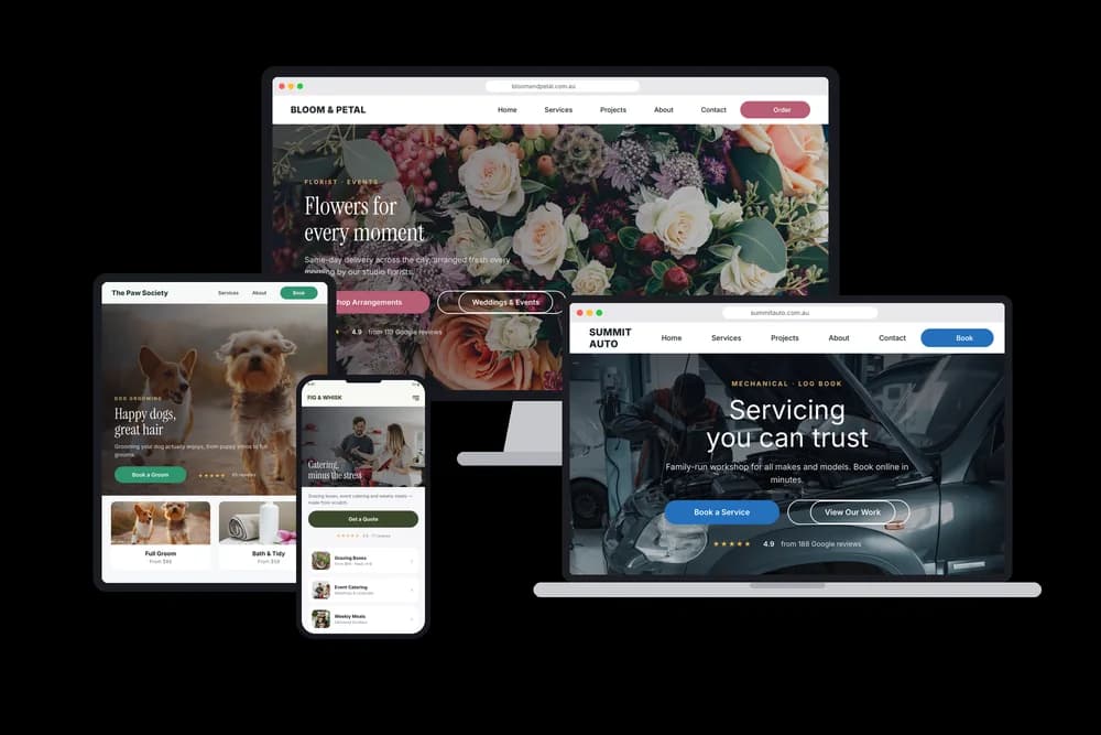 A small business website design shown across desktop and mobile devices
